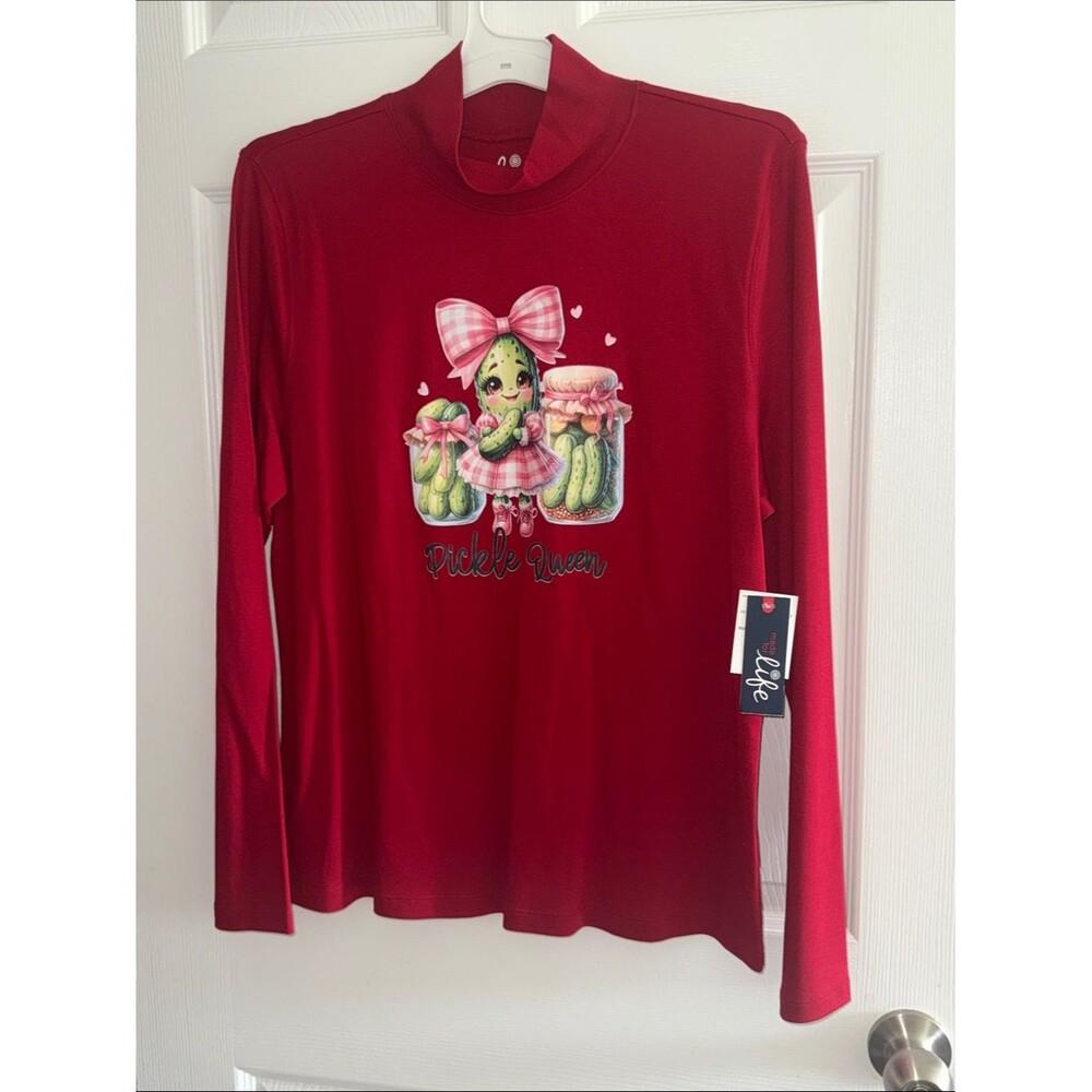 Made for life Women's 100% cotton Red 'Pickle Queen' Long-Sleeve Top Xl NWT